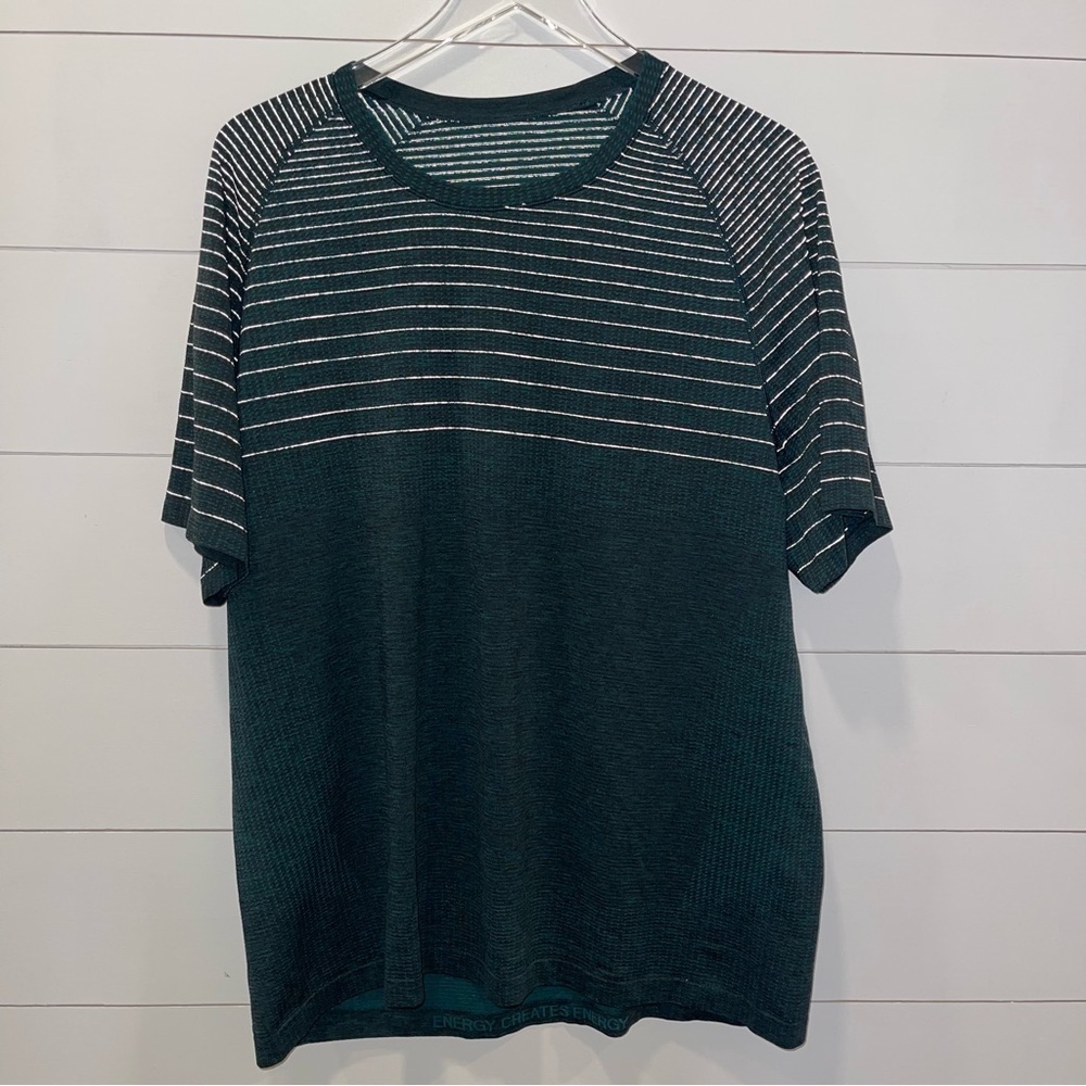 Lululemon Athletica Peleton Men's Green Striped Metal Vent Tech Shirt Size XXL